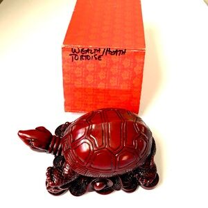 Feng Shui Large Turtle/ Tortoise sitting on Chinese money Resin Mahogany Color.
